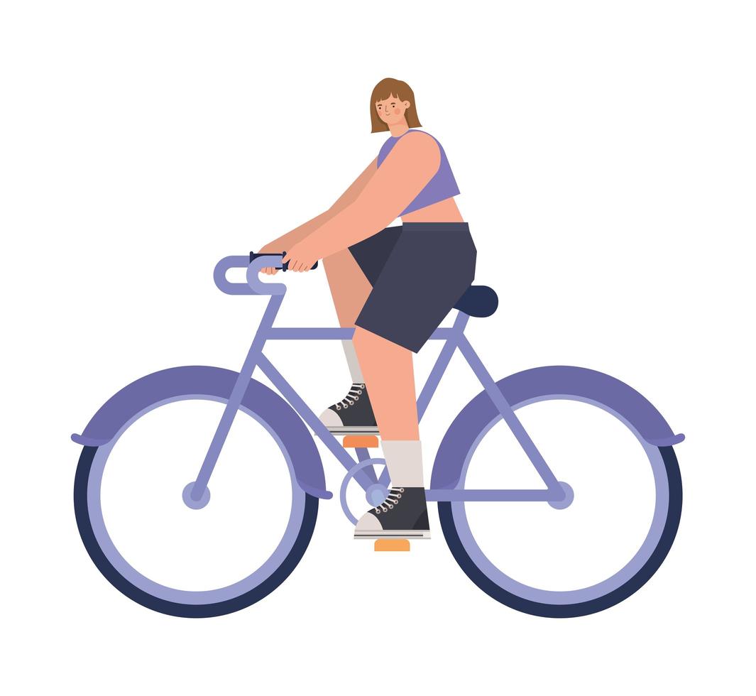 kvinna över en lila cykel vektor