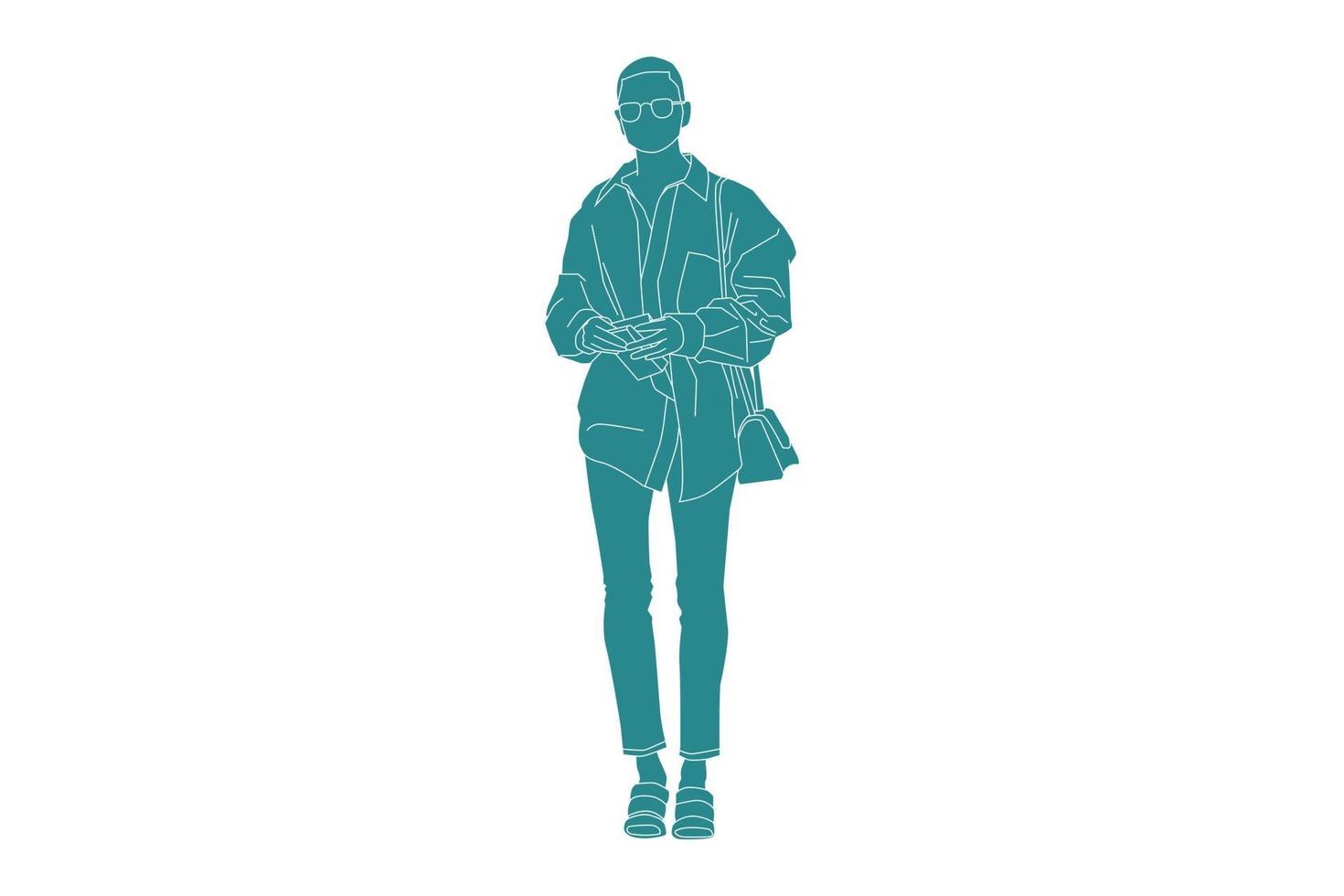 vektorillustration av fashionabla kvinna poserar på sidokanten, platt stil med kontur vektor