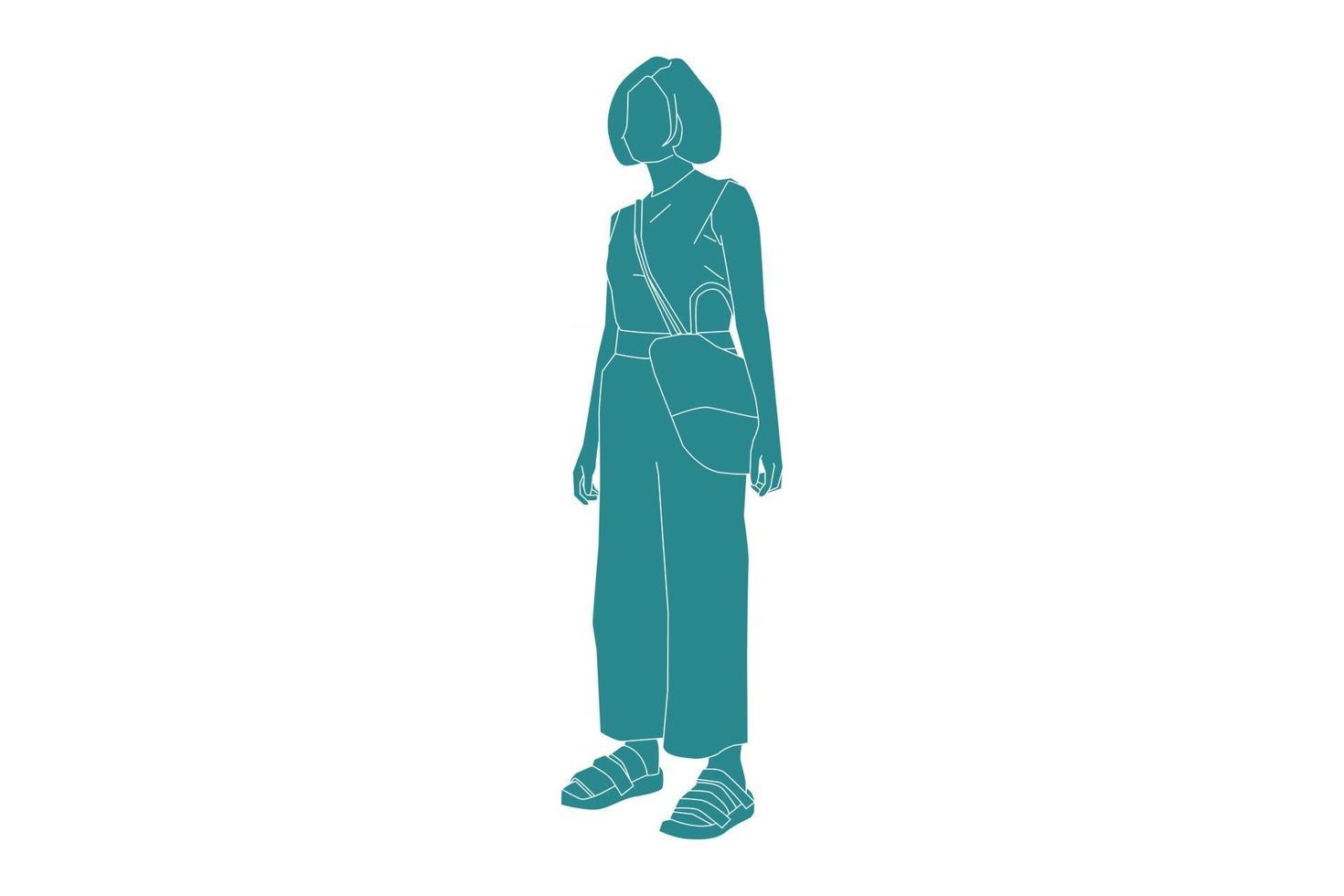 vektorillustration av avslappnad kvinna på sidokanten, platt stil med konturer vektor