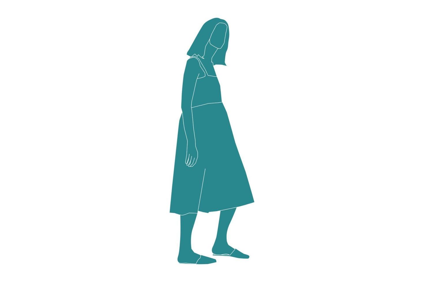Vektor-Illustration der eleganten Frau, die mit Kleidern posiert, flacher Stil mit Umriss vektor
