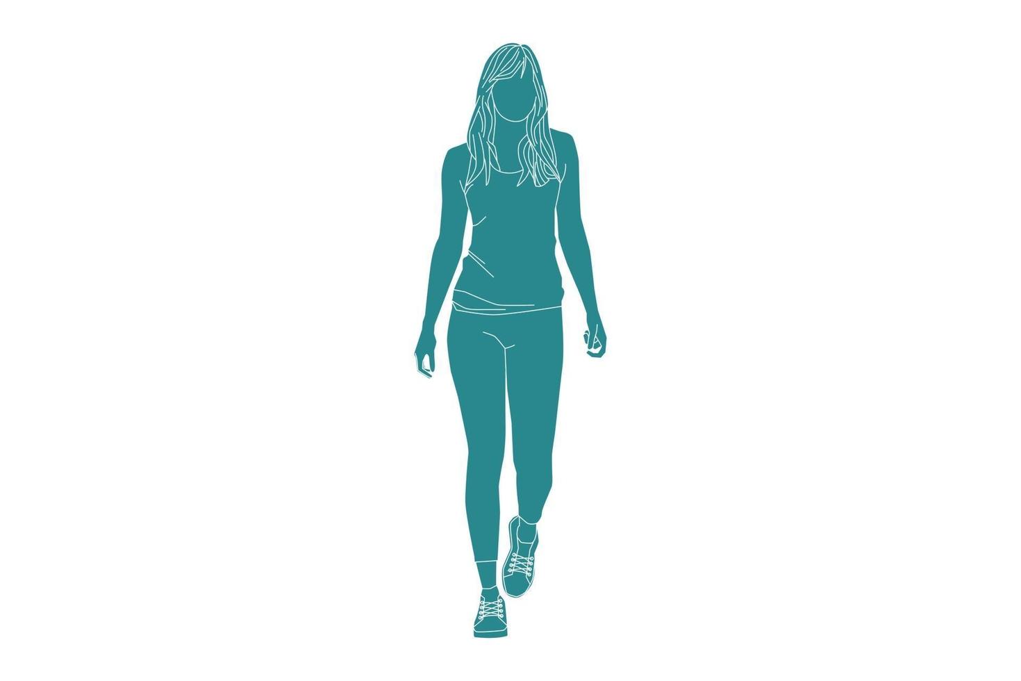 vektorillustration av avslappnad kvinna som går på sidokanten, platt stil med konturer vektor