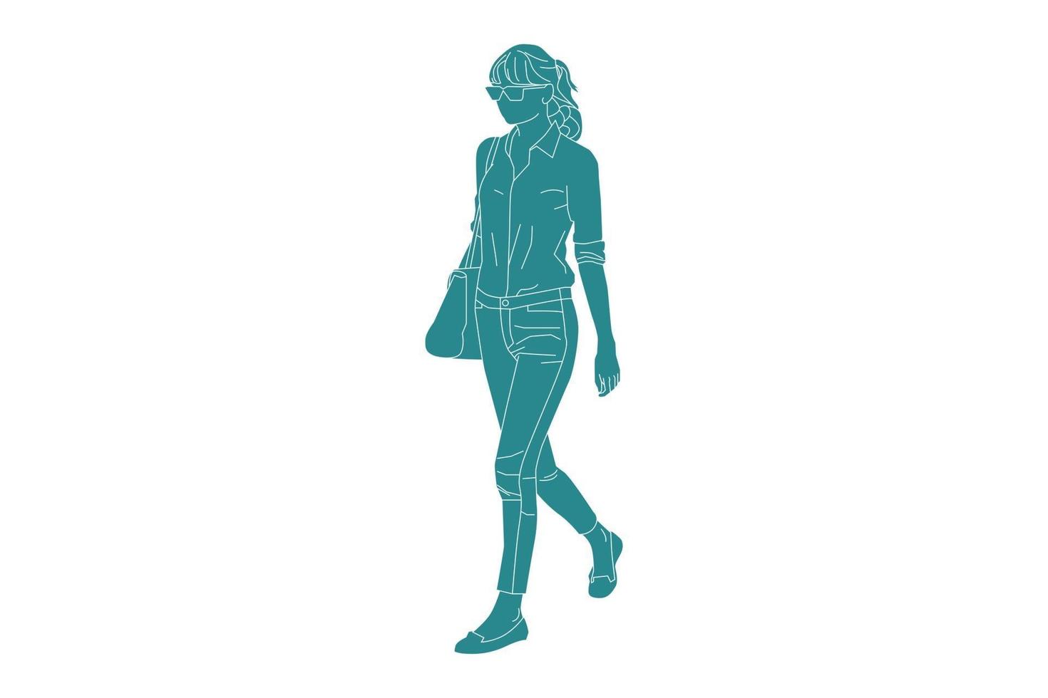 vektorillustration av avslappnad kvinna som går på sidokanten med sin väska, platt stil med konturer vektor