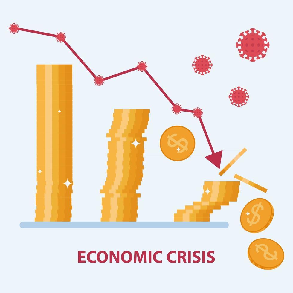 ekonomisk kris koncept på grund av pandemi av coronavirus covid-19. nedåtpilen träffar mynten. vektor platt design