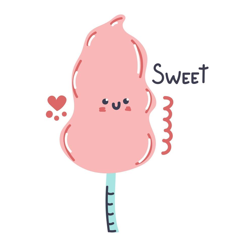 handgezeichnete Zuckerwatte mit Herz und Text süß. Kindergartengestaltung. flache Abbildung. vektor