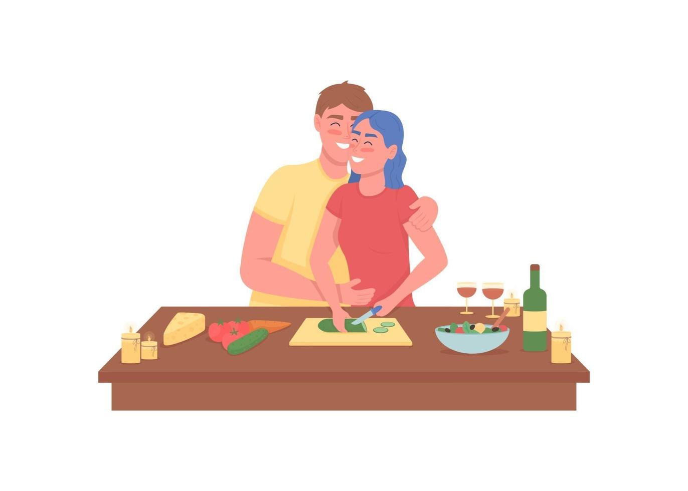 lyckliga par matlagning romantisk middag platt färg vektor detaljerade tecken