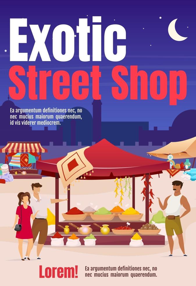 Exotische Straße Shop Poster flache Farbvektorvorlage. orientalischer Markt, Messe. Broschüre, Cover, Broschüre einseitiges Konzeptdesign mit Zeichentrickfiguren. Werbeflyer, Flyer, Banner, Newsletter vektor