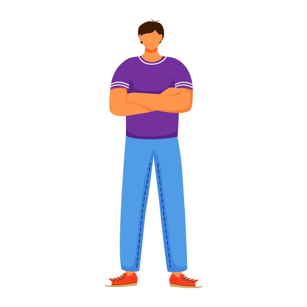 Mann, der flache Farbvektorillustration steht. Junge mit Jeans, violettem T-Shirt und roten Turnschuhen. männliche Figur, die mit verschränkten Armen steht, isolierte Zeichentrickfigur auf weißem Hintergrund vektor
