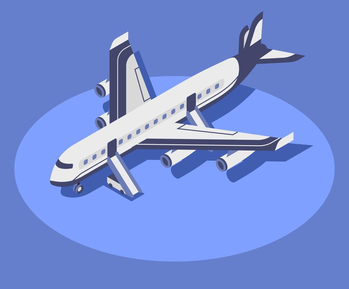 Isometrische Farbvektorillustration des kommerziellen Flugzeugs. Zivilluftfahrt, modernes Flugzeug 3D-Konzept auf blauem Hintergrund isoliert. Transport durch Fluggesellschaften. internationaler Tourismus, Flugreisen vektor