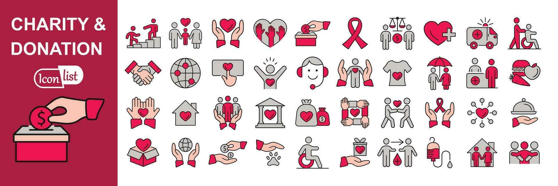välgörenhet och donation färgad ikon uppsättning. hjälp, volontär, donerade, bistånd, delning och solidaritet symbol. fast ikoner vektor illustration.