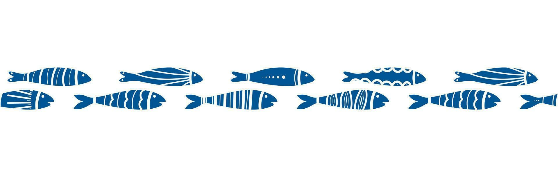 Blau Fisch Schwimmen Vektor nahtlos Grenze. Schwarm von Fische isoliert auf Weiß. Fliesen Fisch Muster. Hand gezeichnet Marine Abbildungen von Fisch und Meer Elemente. Sommer- Meer Strand Stil