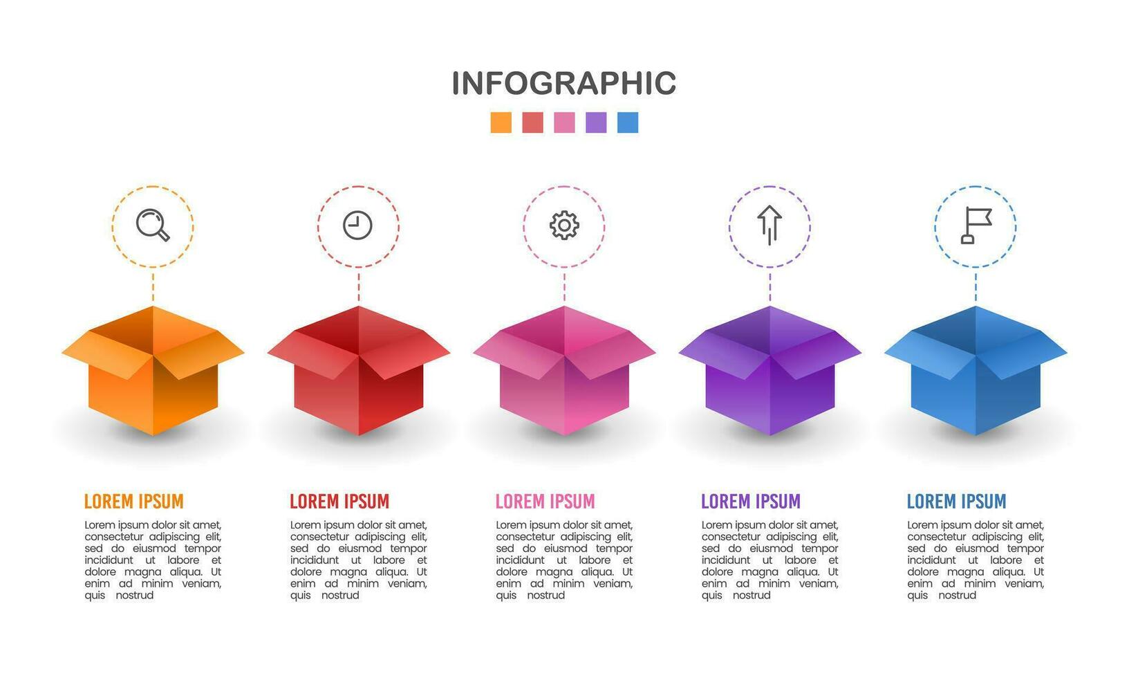 infographic 5 lådor med ett ikoner design mall. produkt utveckling bearbeta. vektor illustration.