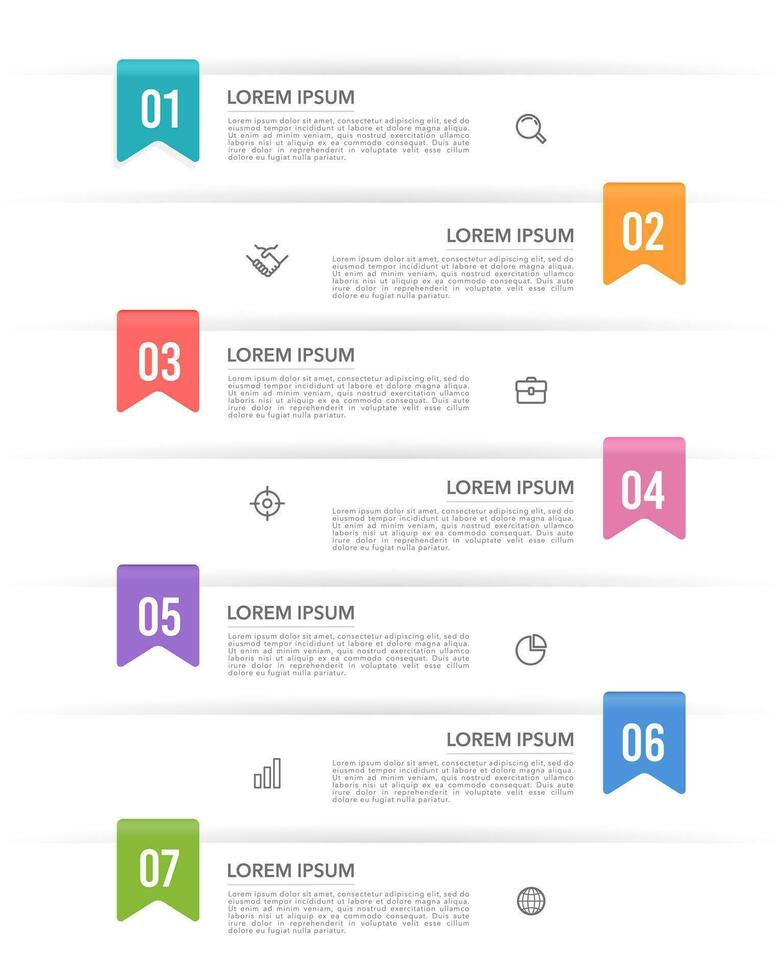 7-Prozess Infografik Lesezeichen Nummer Schritte zu Erfolg. Geschäft, Arbeitsablauf, und Präsentation. Vektor Illustration.