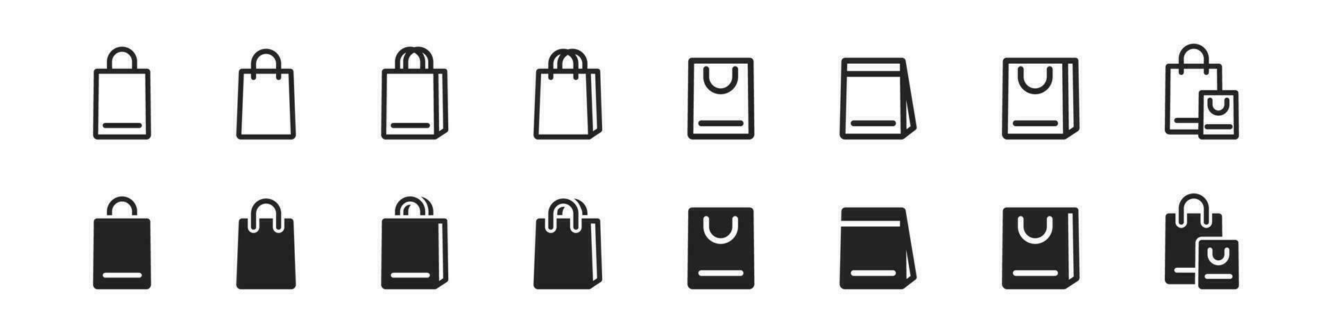 handla väska ikon uppsättning på vit bakgrund. eco papper väska. gåva låda symbol. köp av begrepp. rabatt baner design. vektor