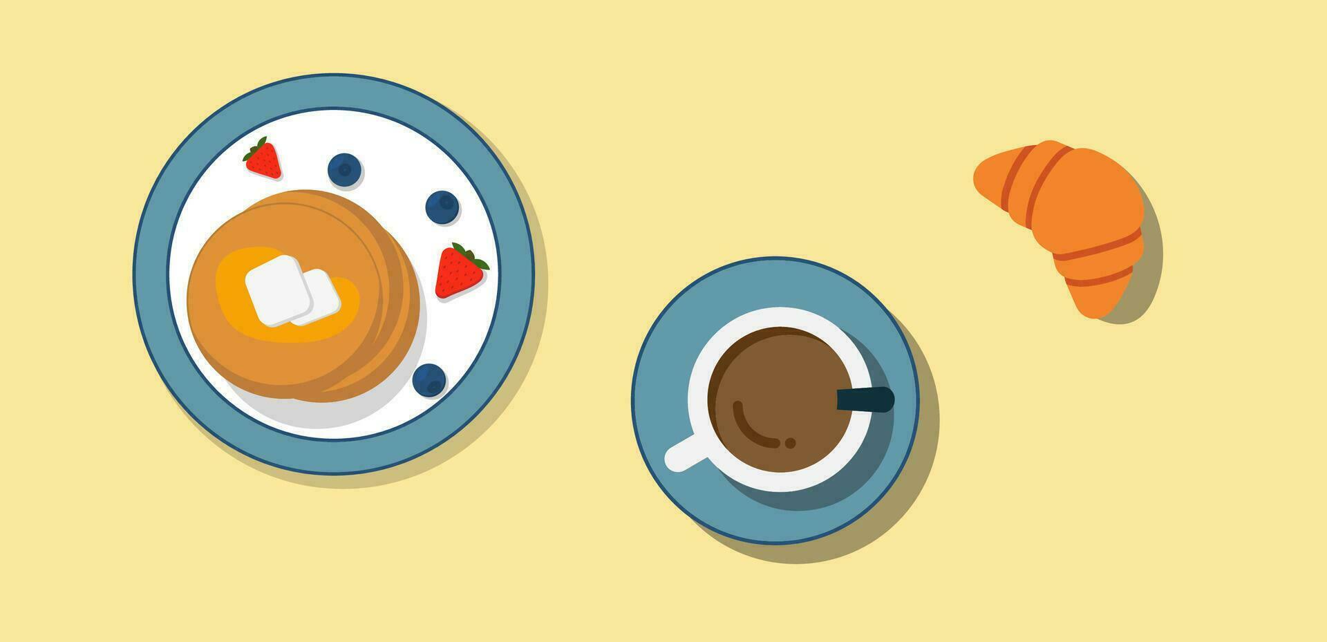 Pfannkuchen mit Beeren auf Platte, Croissant und Tasse von Tee oben Sicht. traditionell Frühstück Symbol. Frühstück im Paris. Morgen Stimmung. eben Stil mit Schatten. vektor