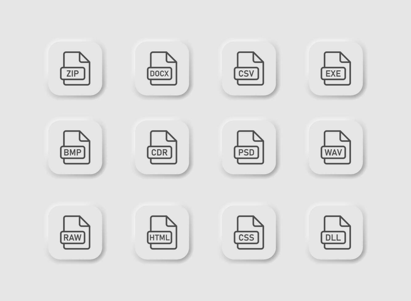 Datei Art Symbol einstellen im Neumorphismus Stil. Symbole zum Geschäft, Weiß ui, ux. Blatt dokumentieren Symbol. Datei zum herunterladen, Anwendung, Doktor, exe, Postleitzahl roh. neumorphisch Stil. vektor