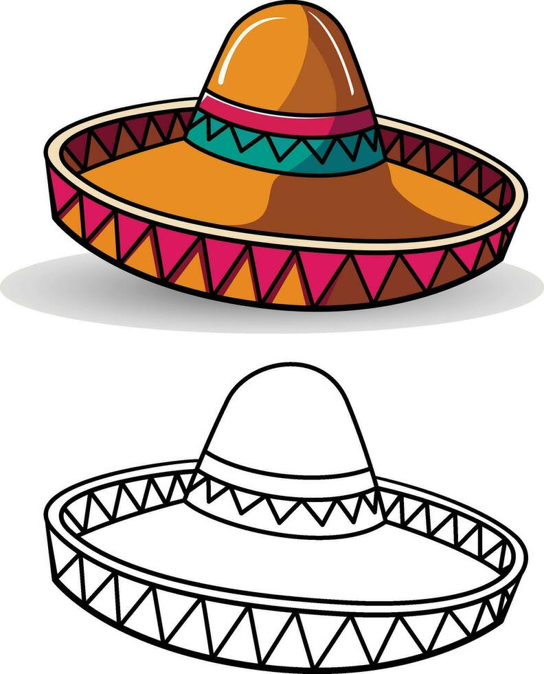 sombrero traditionell mexikansk hatt färgad illustration och svart och vit linje konst vektor bild