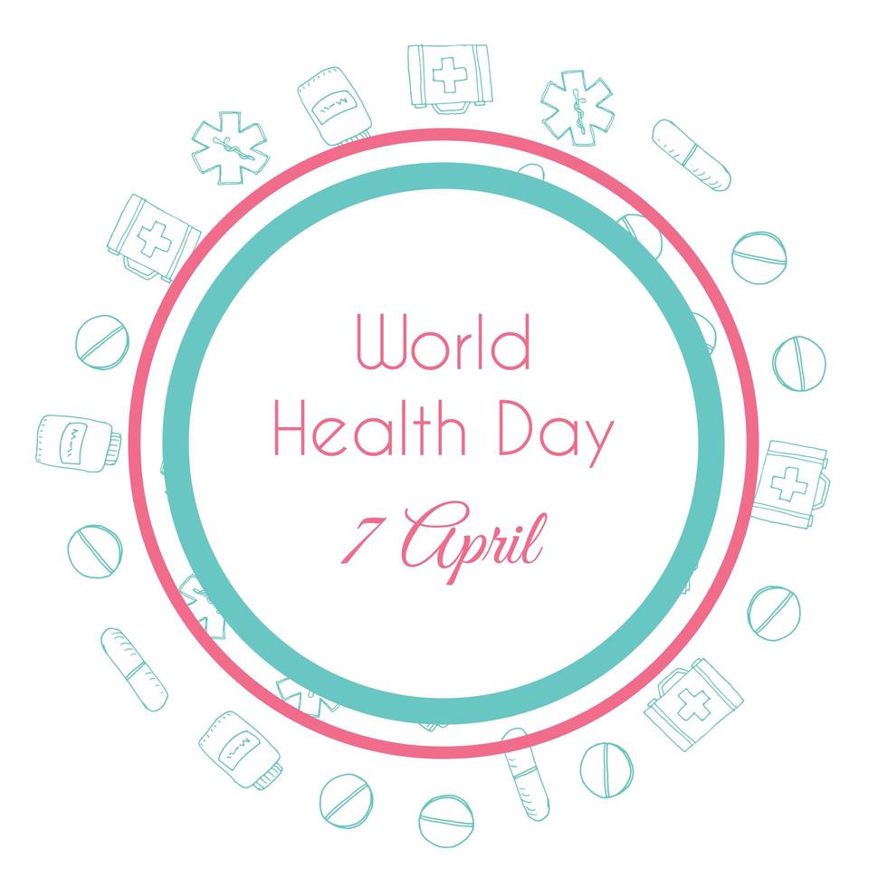 World health day. Hand drawn medical illustration. Pharmacy vector background.