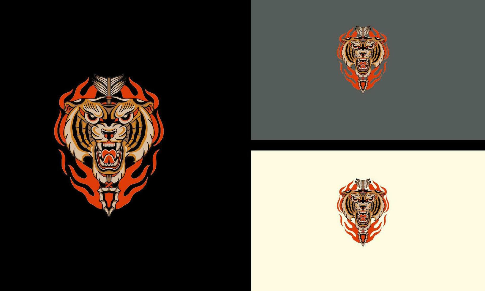 Kopf Tiger und Flammen wütend Vektor Maskottchen Design