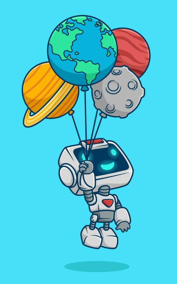 vektor illustration av söt robot tecknad serie flytande med planeter ballong