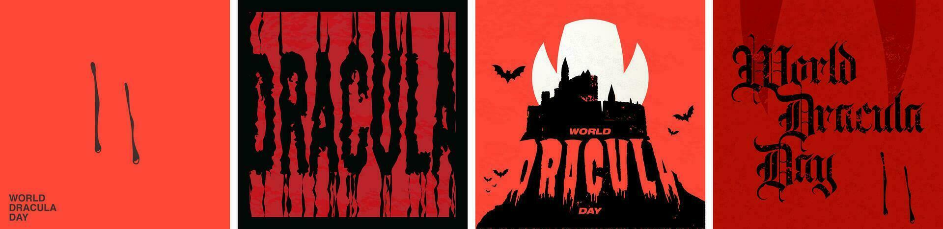 Welt Dracula Tag Poster Satz. minimalistisch Vampir beißen mit tropft Blut, Dracula typografisch Design, Silhouette von Draculas Schloss und Mond mit Vampir Reißzähne. Vektor Illustration. eps 10