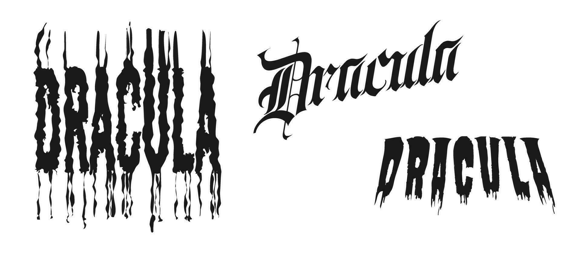 dracula text typografi. medeltida stil, droppande blod, och sträckt ut blod märke. isolerat på vit bakgrund. vektor illustration.