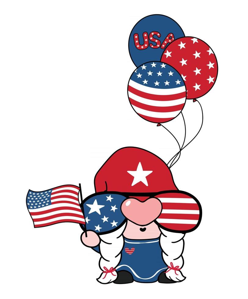 süßer amerika usa gnome mit flagge vom 4. juli cartoon doodle vector