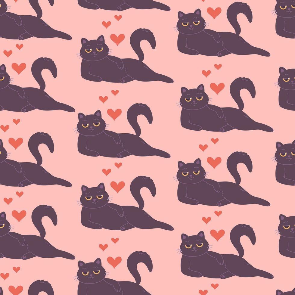 söt svart katt med hjärtan sömlös mönster. valentines dag, faller i kärlek vektor