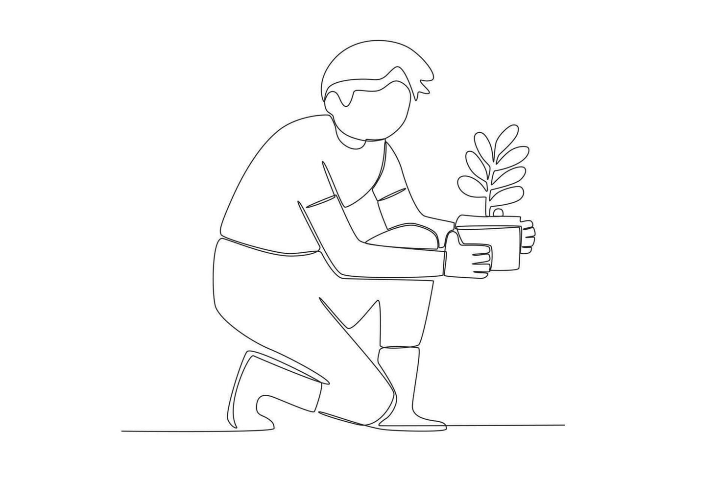 Single einer Linie Zeichnung Mann Bewässerung Zimmerpflanzen. vektor