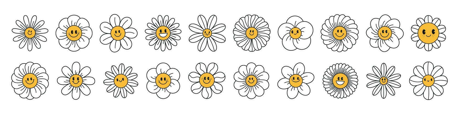 Gänseblümchen Blume im süß Karikatur Stil, heiter Charakter mit ein hell Sonne mögen lächeln. glücklich Gesicht Blumen- design.flat Vektor Illustration isoliert auf Weiß Hintergrund.