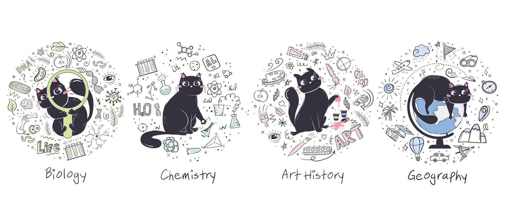 Geschichte von Kunst, Biologie, Chemie, Erdkunde. einstellen von Hintergründe zum Schule Fächer mit Gekritzel Objekte und ein süß Katze. vektor