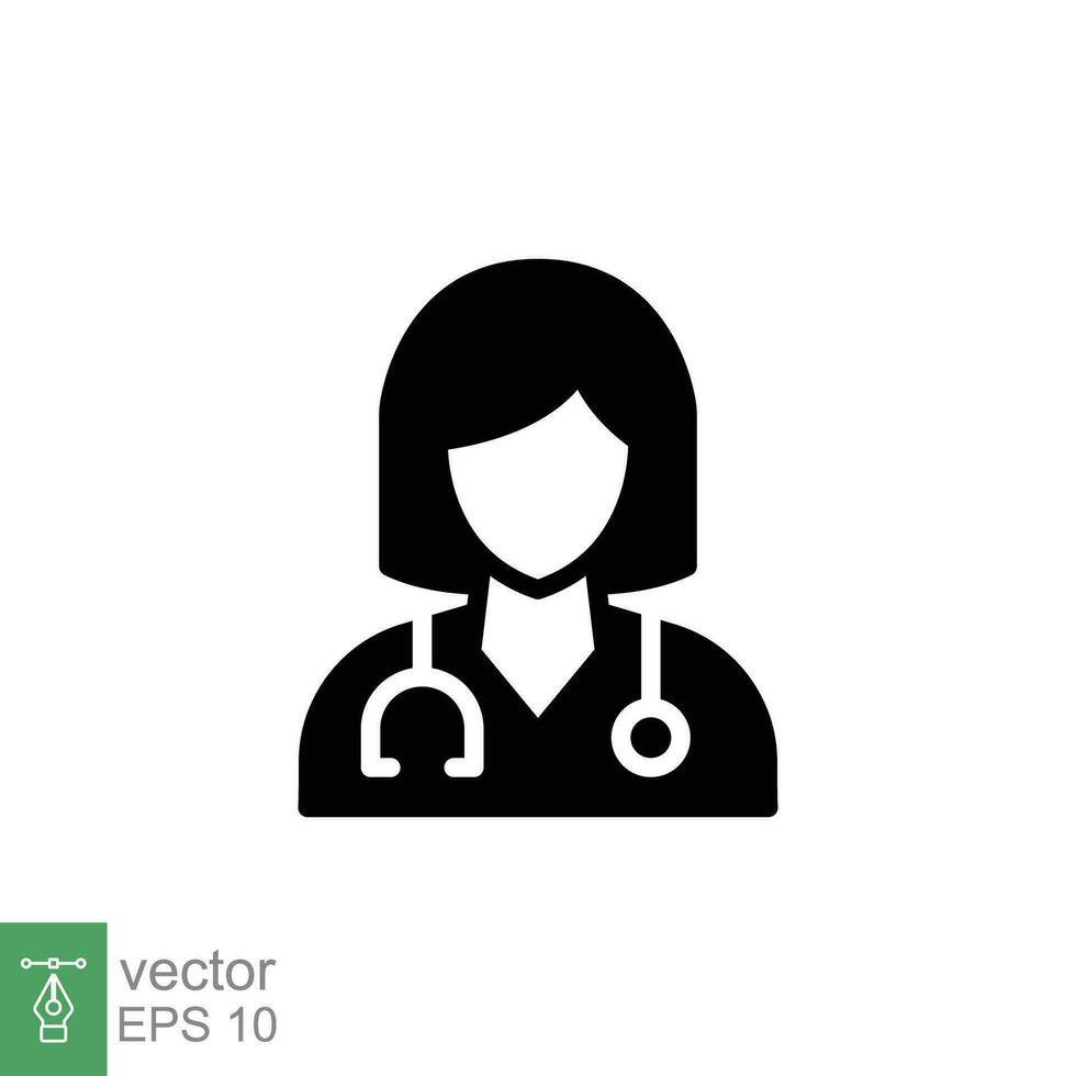 kvinna läkare ikon. enkel fast stil. läkare med stetoskop, kvinna, läkare, sjukvård, medicinsk begrepp. svart silhuett, glyf symbol. vektor illustration isolerat på vit bakgrund. eps 10.