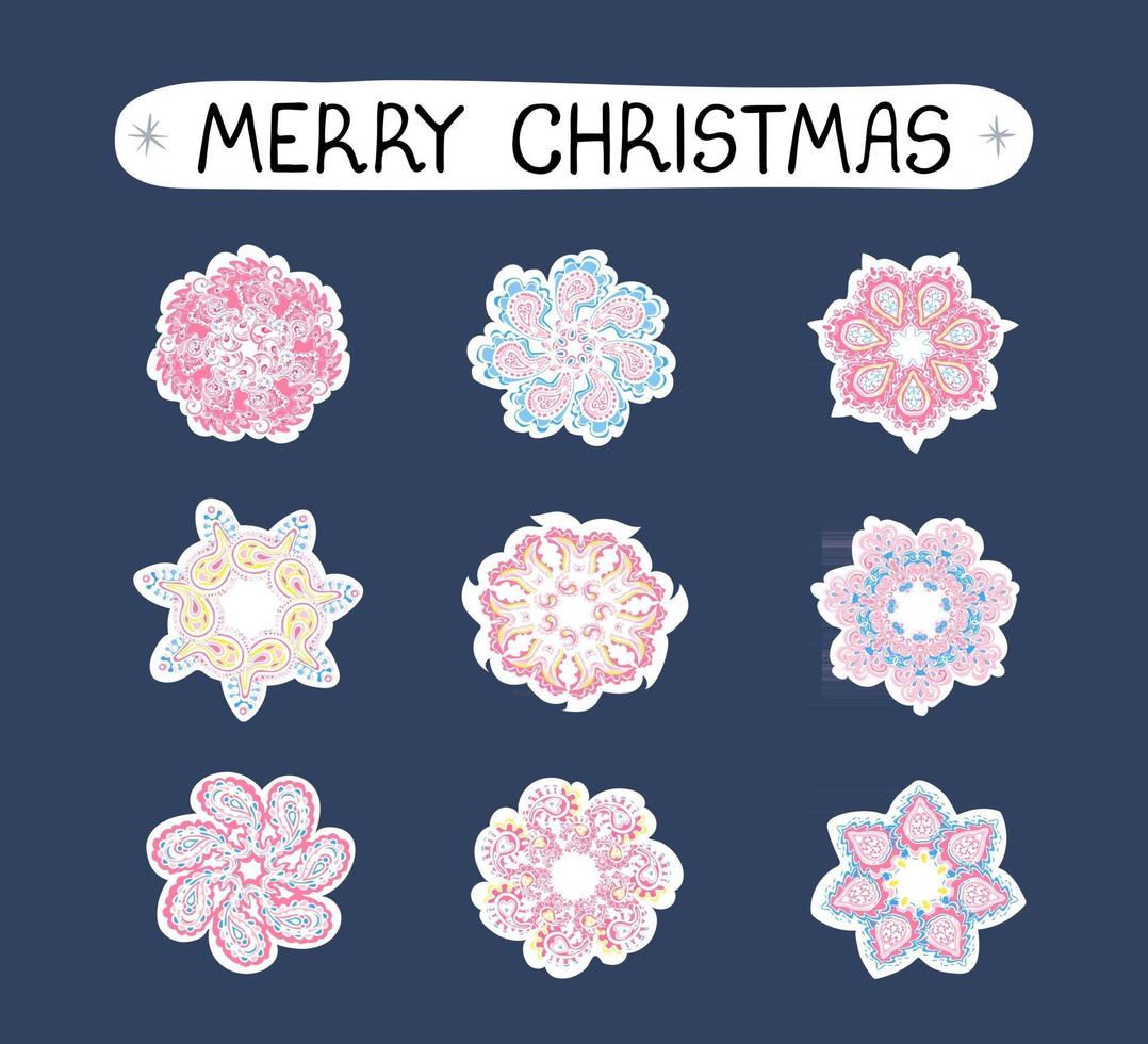 Vektor modernes buntes Weihnachtsset mit Illustrationen von Schneeflocken, Stickerpack. Verwenden Sie es als Elemente für Design-Grußkarten, Poster, Karten, Verpackungspapier-Design