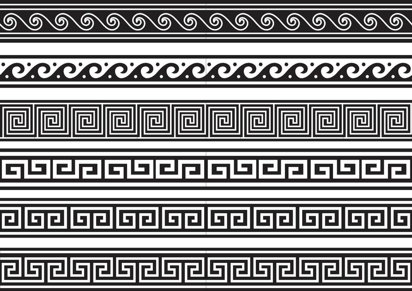 einstellen von Vektor einfarbig nahtlos griechisch klassisch Ornament. Muster zum ein Rand und ein rahmen. uralt Griechenland und das römisch Reich. endlos schwarz Mäander.