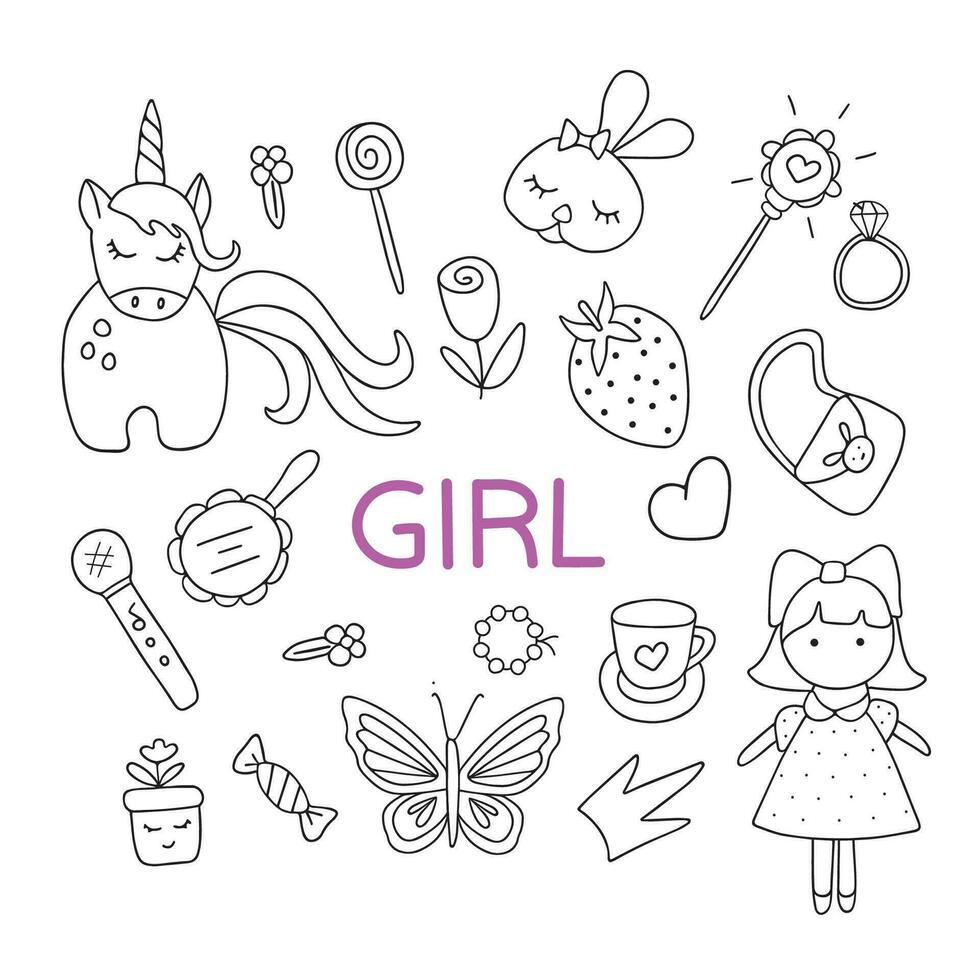 Hand gezeichnet Vektor Illustration einstellen von Spielzeuge zum Mädchen Gekritzel Stil.