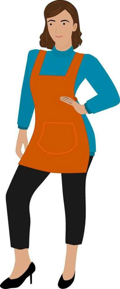 en hemmafru bär ett orange förkläde. vektor illustration.