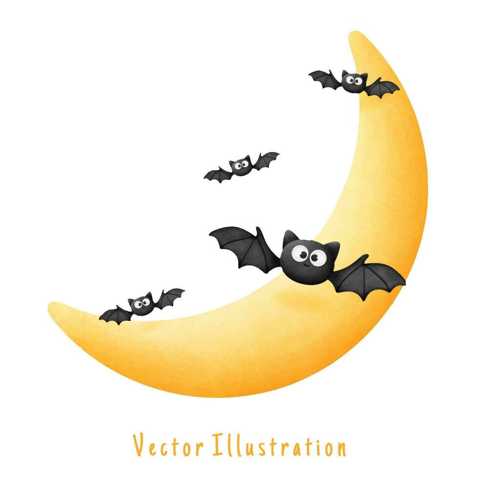 måne med söt fladdermus, halloween vektor vattenfärg illustration