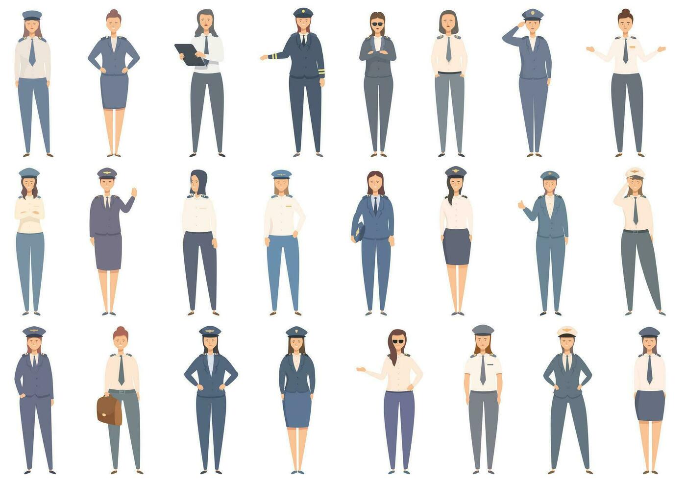 kvinna pilot ikoner uppsättning tecknad serie vektor. kvinna arbete vektor