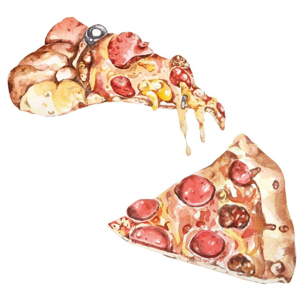 skiva av pizza vattenfärg painting.italian snabb mat. vektor