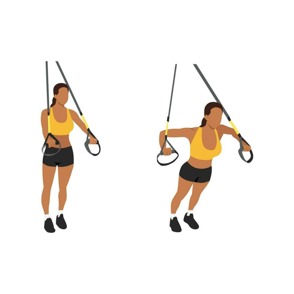 kvinna håller på med trx suspension remmar bröst Tryck träning. platt vektor illustration isolerat på vit bakgrund