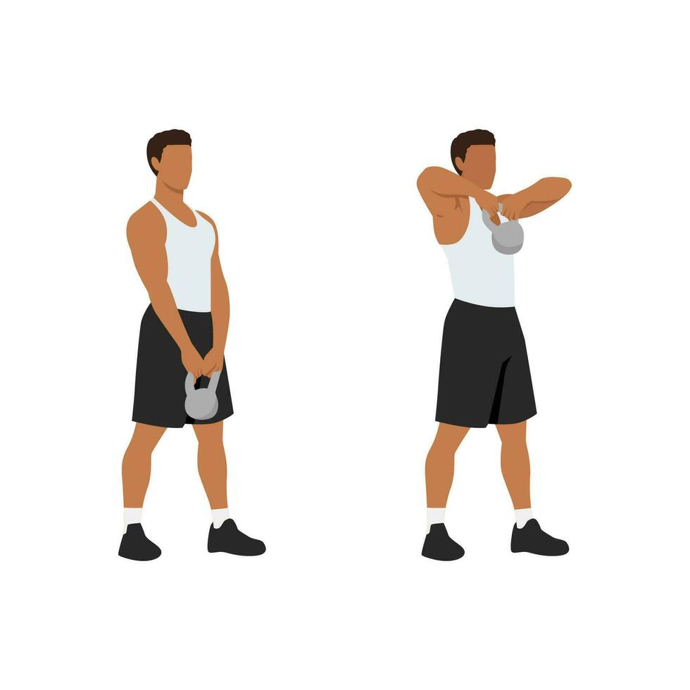 Mann tun aufrecht Kettlebell Vorderseite Reihen Übung. eben Vektor Illustration isoliert auf Weiß Hintergrund. trainieren Charakter einstellen