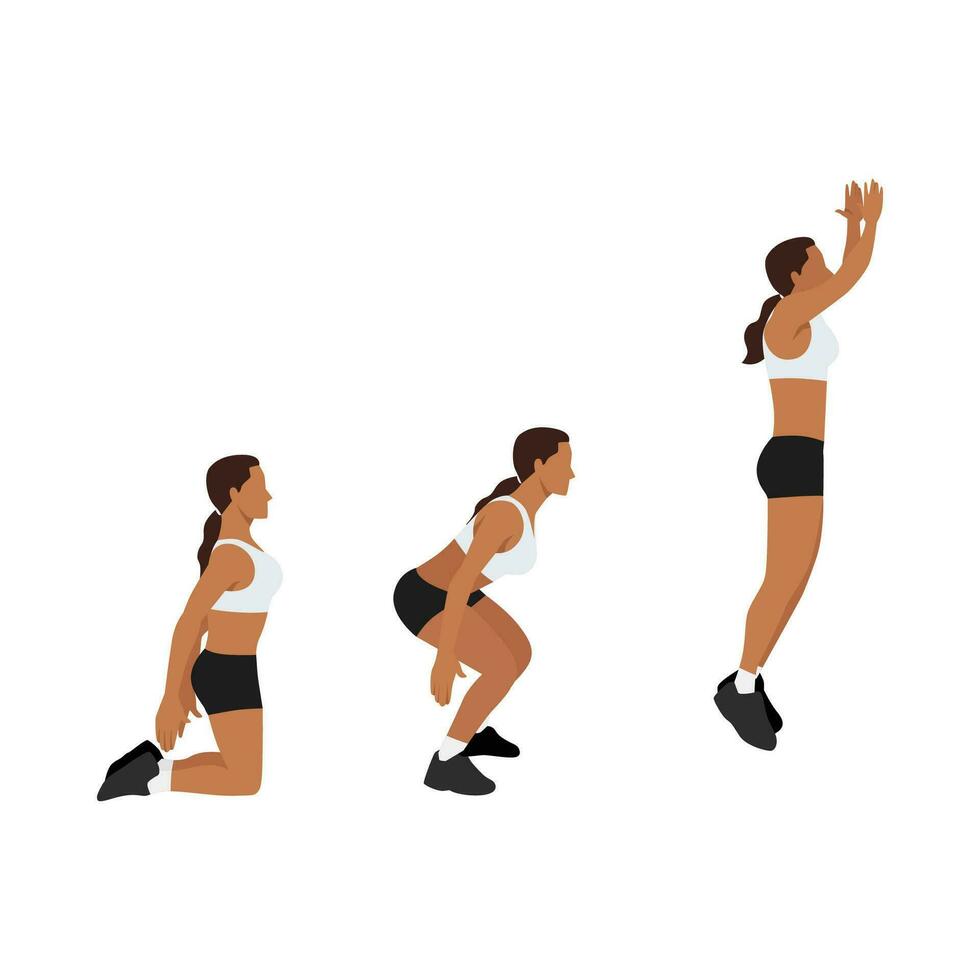 kvinna håller på med golv. kraft hoppar. knä till hoppa knäböj träning. platt vektor illustration isolerat på vit bakgrund