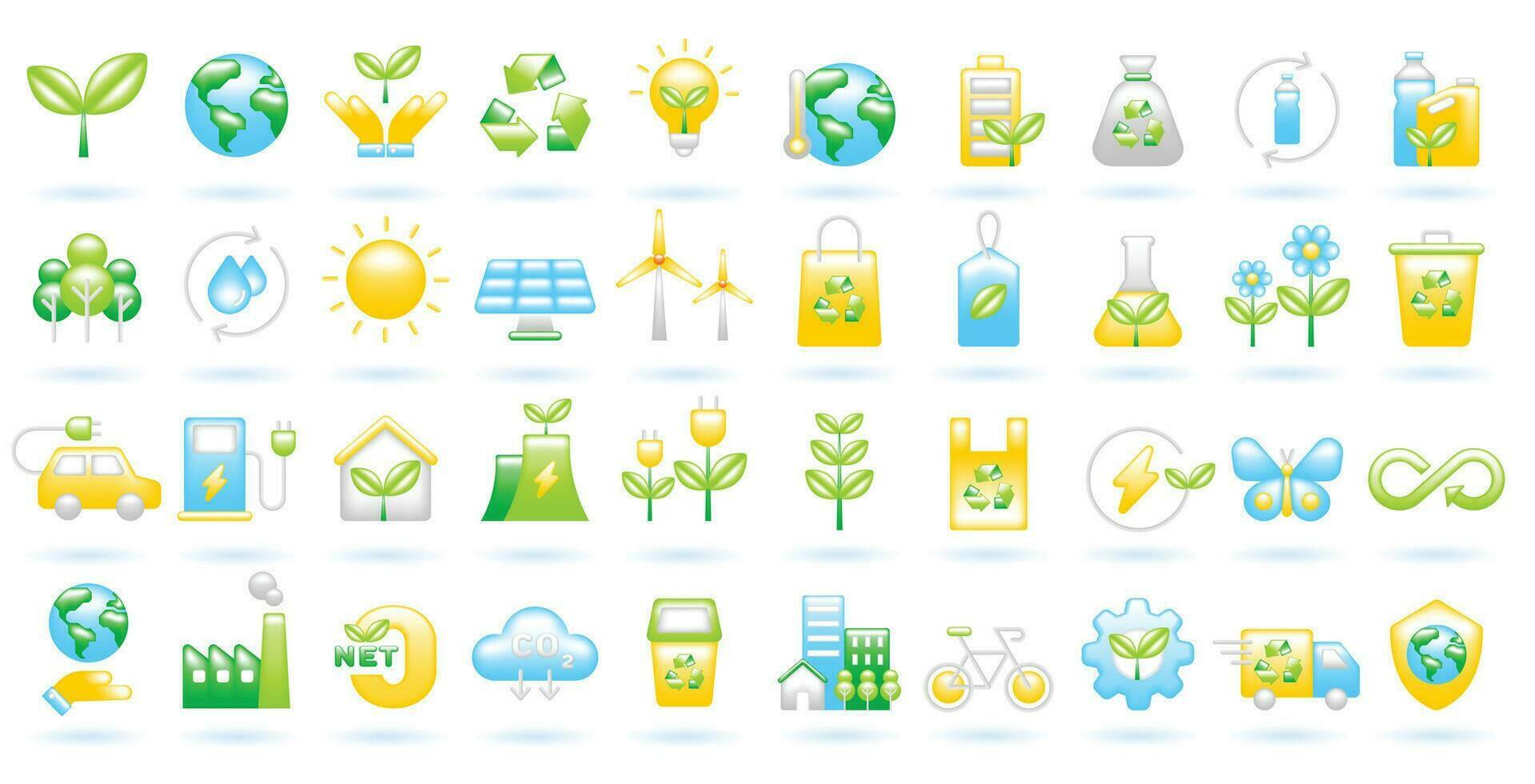 3d ikon uppsättning av ekologi hållbarhet miljö eco vänlig grön energi förnybar energi begrepp. söt Färg realistisk tecknad serie minimal stil. 3d framställa vektor ikoner ux ui isolerat illustration.