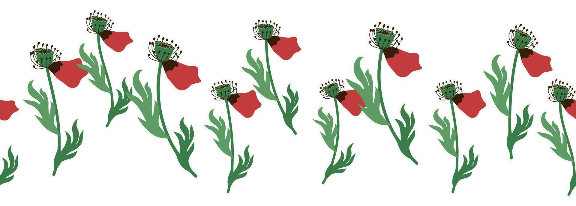Sommer- nahtlos Muster mit hell rot Mohn Blumen und Mohn Hülsen. Girlande, Blume Rand vektor