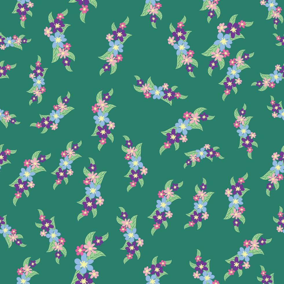 blommig sömlös mönster med titian, lavendel, blå, lila kamomill blomma och löv på pastell bakgrund vektor