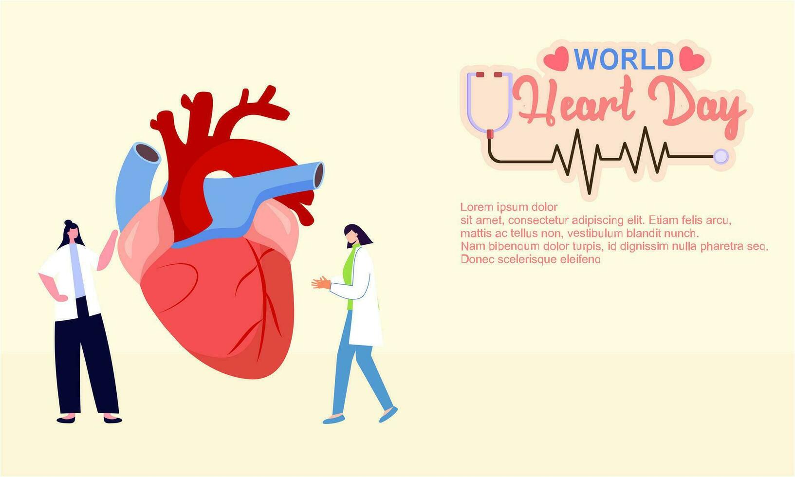 Welt Herz Tag Poster Kampagne im Karikatur Charakter Behandlung und Gesundheit Pflege Bewusstsein und eben Design beim 29 September vektor