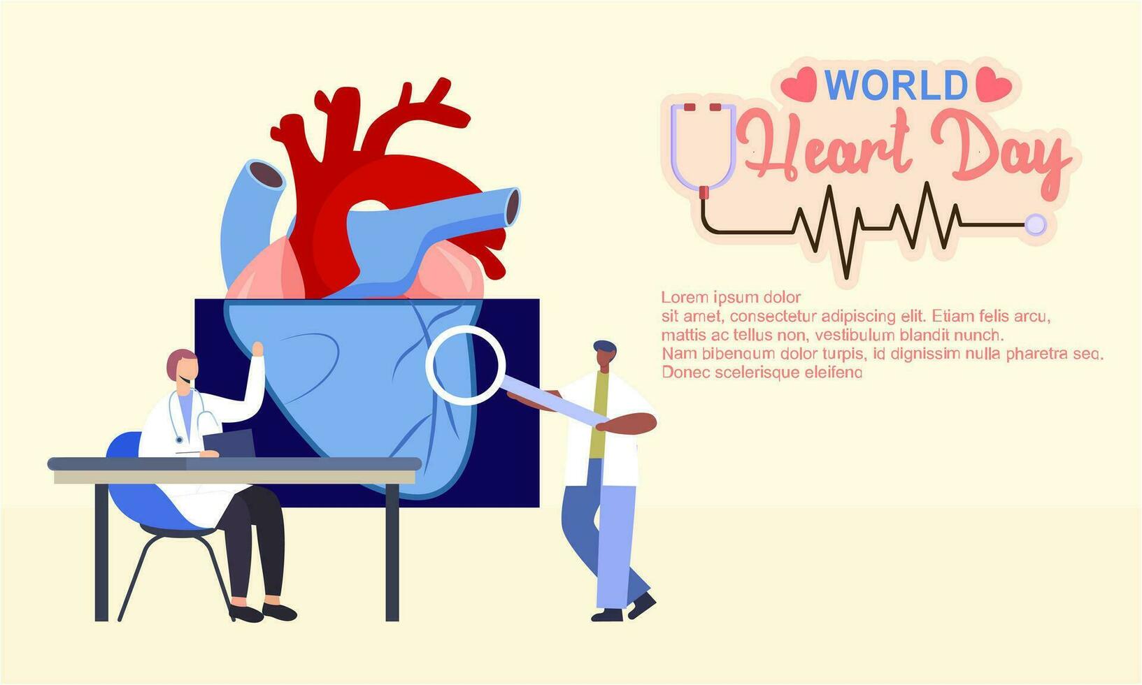 Welt Herz Tag Poster Kampagne im Karikatur Charakter Behandlung und Gesundheit Pflege Bewusstsein und eben Design beim 29 September vektor