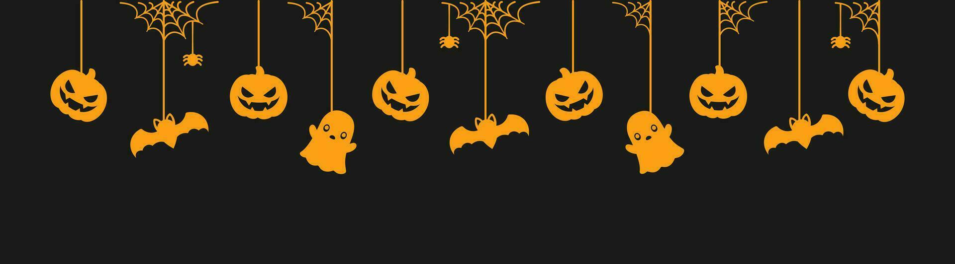 glücklich Halloween Banner oder Rand mit glühend Fledermäuse, Geist und Jack Ö Laterne Kürbisse. hängend gespenstisch Ornamente Dekoration Vektor Illustration, Trick oder behandeln Party Einladung