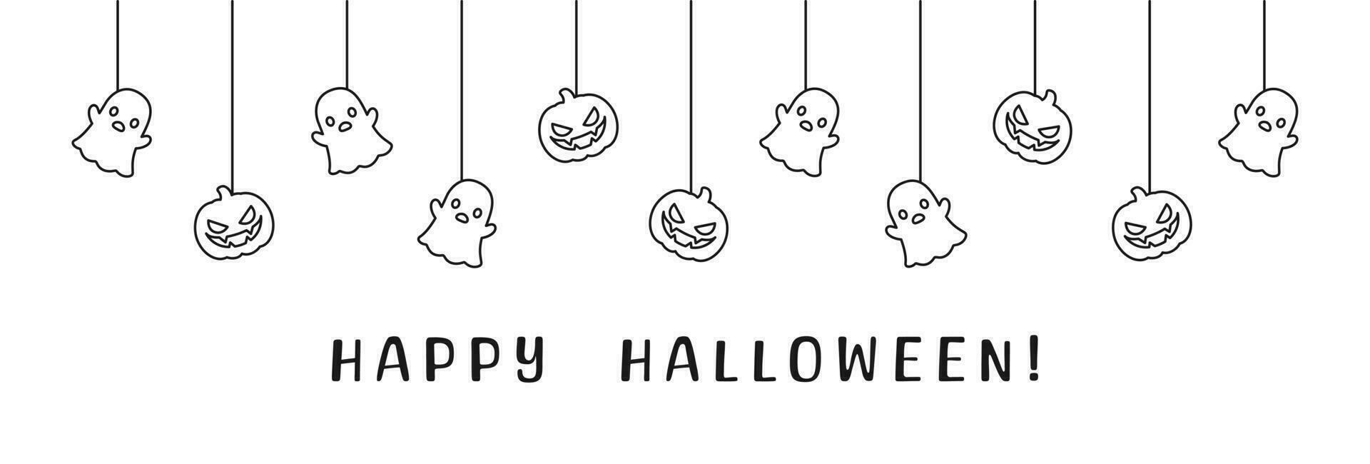 Lycklig halloween baner eller gräns med spöke och domkraft o lykta pumpor översikt klotter. hängande läskigt ornament dekoration vektor illustration, lura eller behandla fest inbjudan