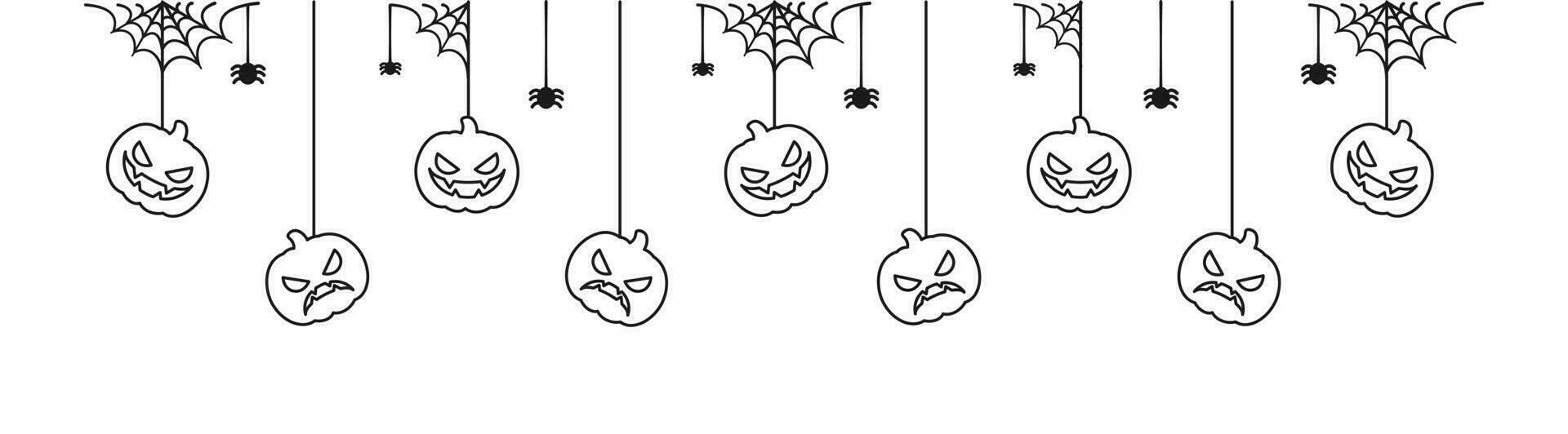 glücklich Halloween Banner oder Rand mit Jack Ö Laterne Kürbisse Gliederung Gekritzel. hängend gespenstisch Ornamente Dekoration Vektor Illustration, Trick oder behandeln Party Einladung