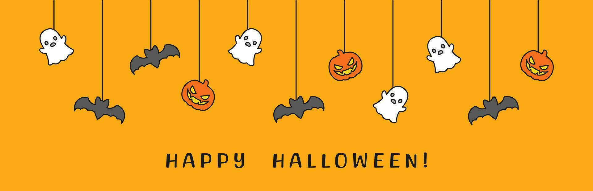 glücklich Halloween Banner oder Rand mit Fledermäuse, Geist und Jack Ö Laterne Kürbisse. hängend gespenstisch Ornamente Dekoration Vektor Illustration, Trick oder behandeln Party Einladung